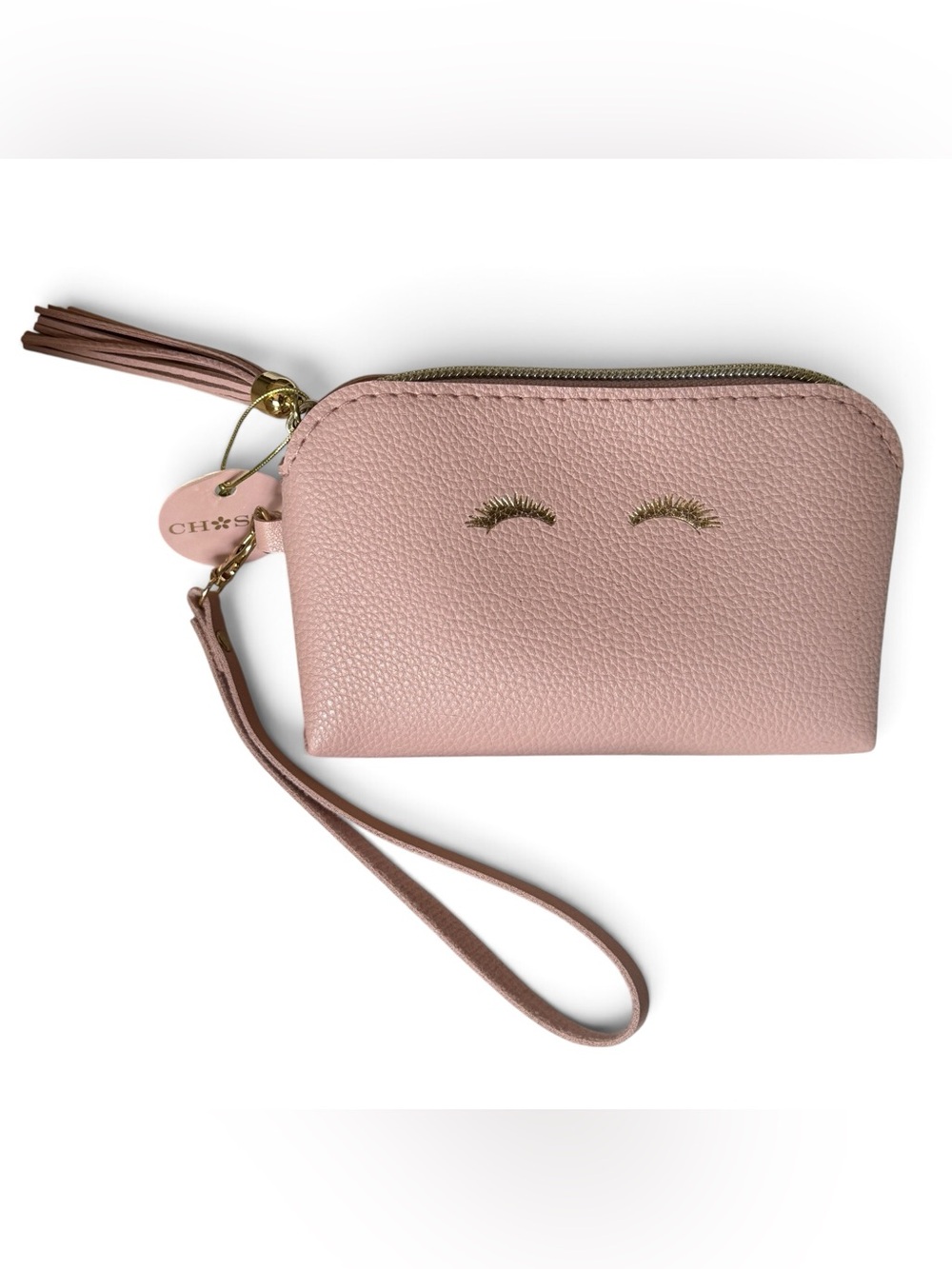 NWT Chosen Mulberry Studios Pink Vegan Leather Wristlet Coin Holder Eyelashes